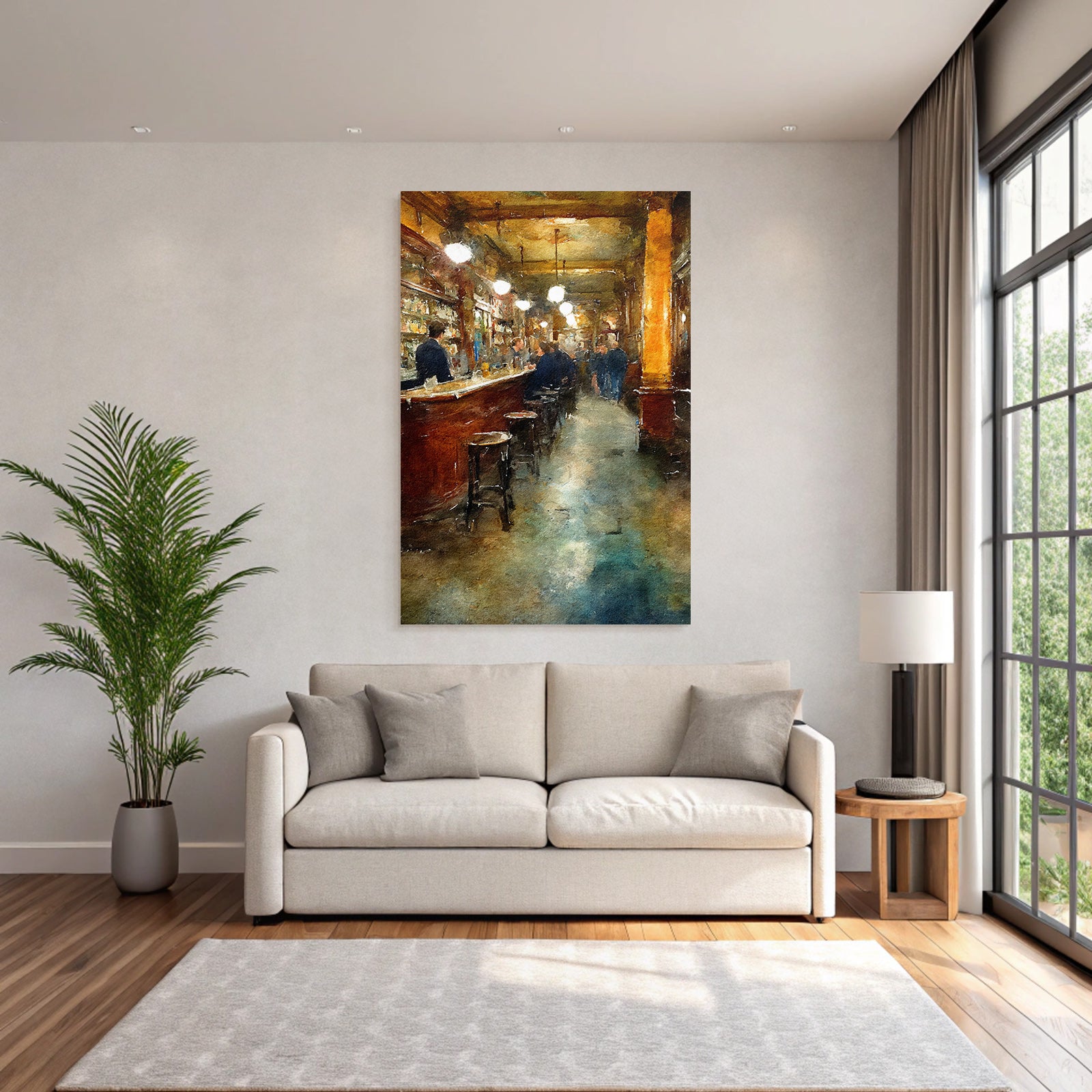 Watercolor style bar interior view inviting atmosphere