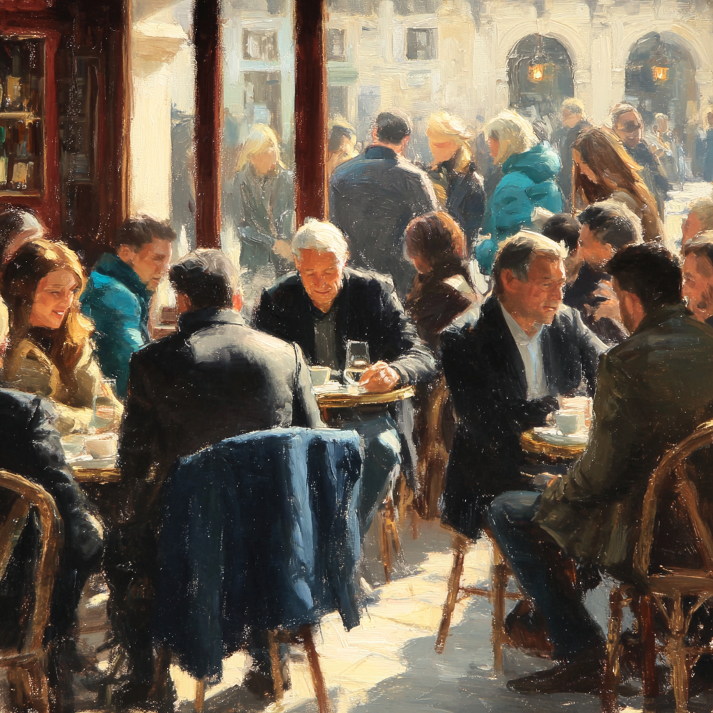 Belebte Cafe Szenen Mit Sonnenschein Und Gemütlicher Atmosphäre | Bars Cafes Theater Bibliotheken | Architektur