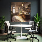 Elegant bar cafe interior with plants and warm light