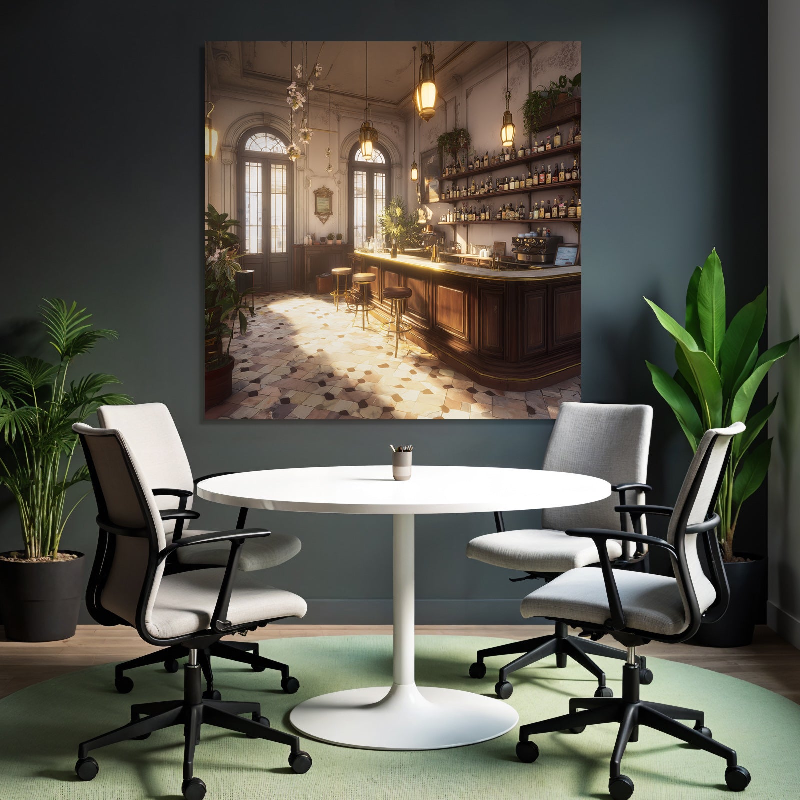 Elegant bar cafe interior with plants and warm light