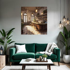 Elegant bar cafe interior with plants and warm light