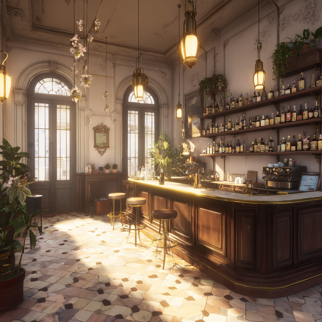 Elegante Bar Cafe Innenansicht Mit Pflanzen Und Warmem Licht | Bars Cafes Theater Bibliotheken | Architektur