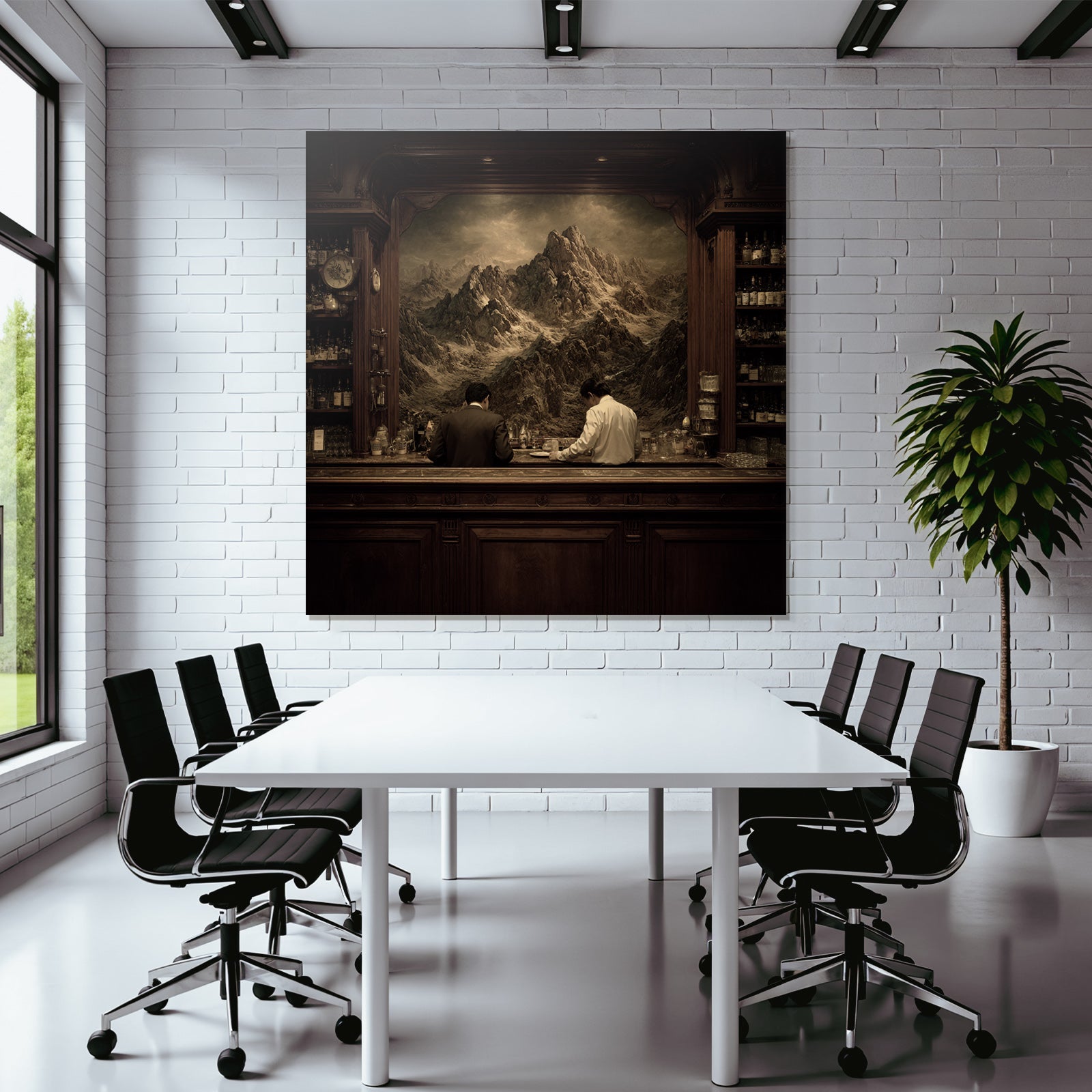 Dimmed bar scene with two people in suits and white shirts