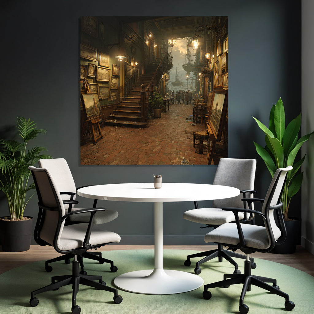 Artistic interior view of the gallery with ships in the harbor