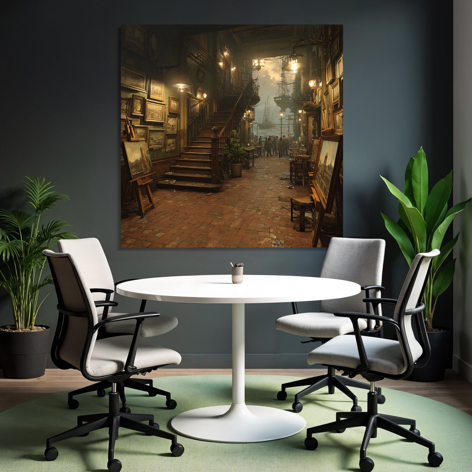 Artistic interior view of the gallery with ships in the harbor