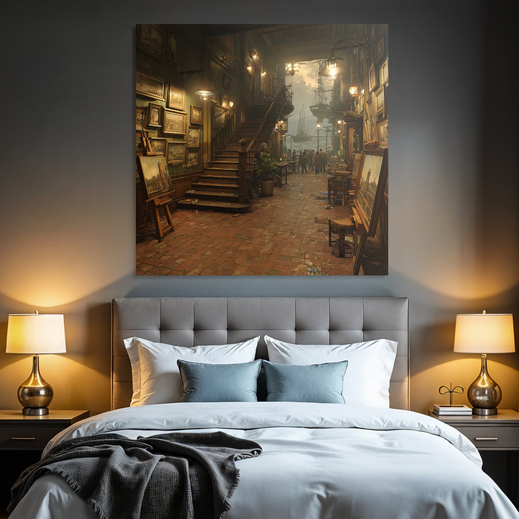 Artistic interior view of the gallery with ships in the harbor