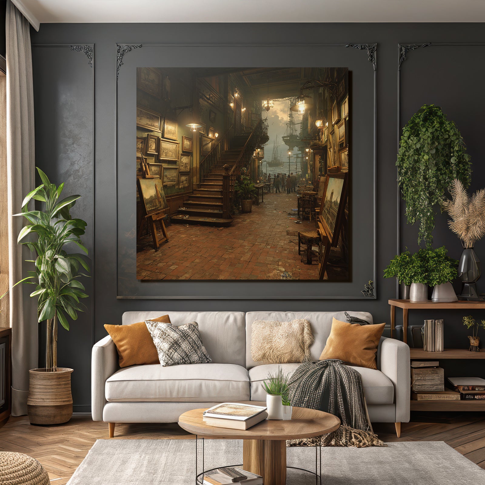 Artistic interior view of the gallery with ships in the harbor