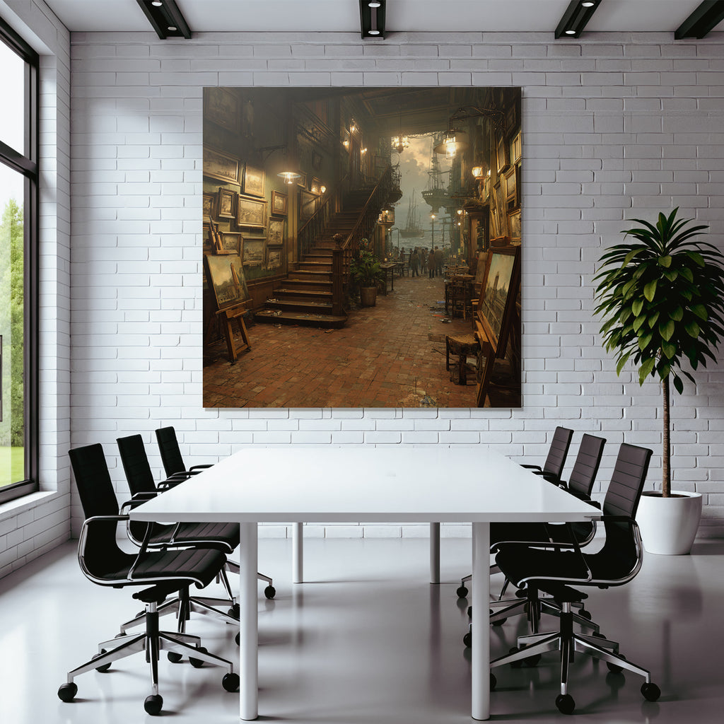 Artistic interior view of the gallery with ships in the harbor