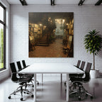 Artistic interior view of the gallery with ships in the harbor