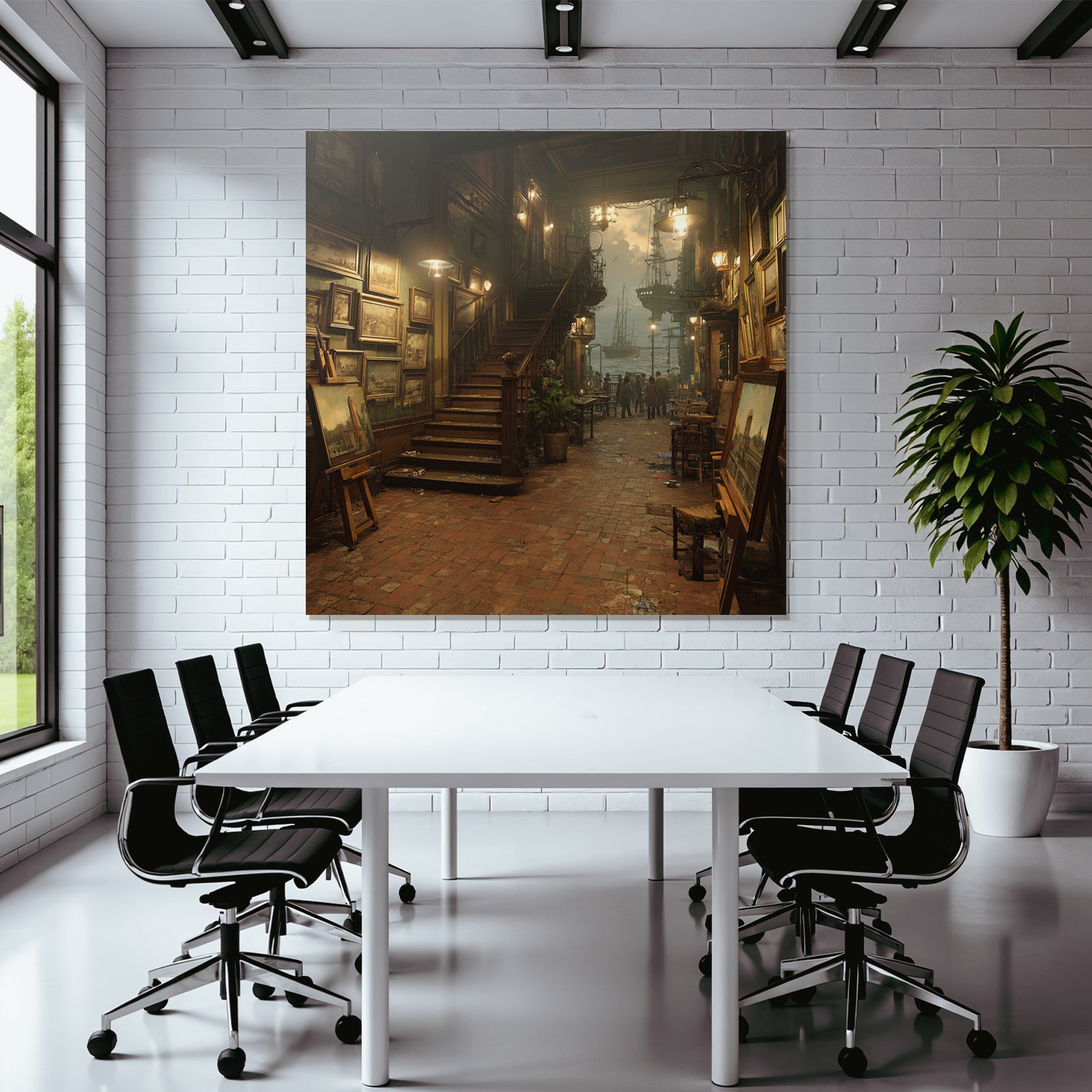 Artistic interior view of the gallery with ships in the harbor