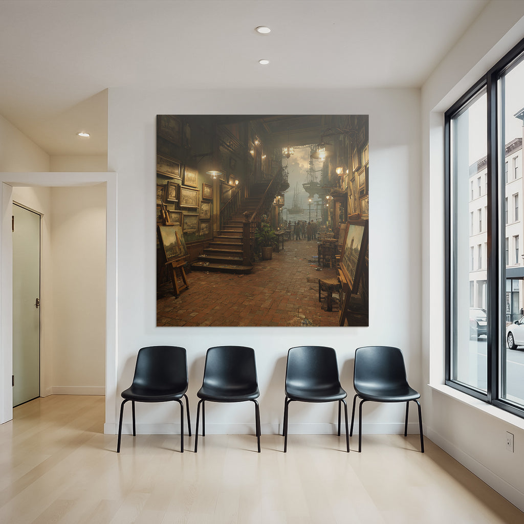 Artistic interior view of the gallery with ships in the harbor