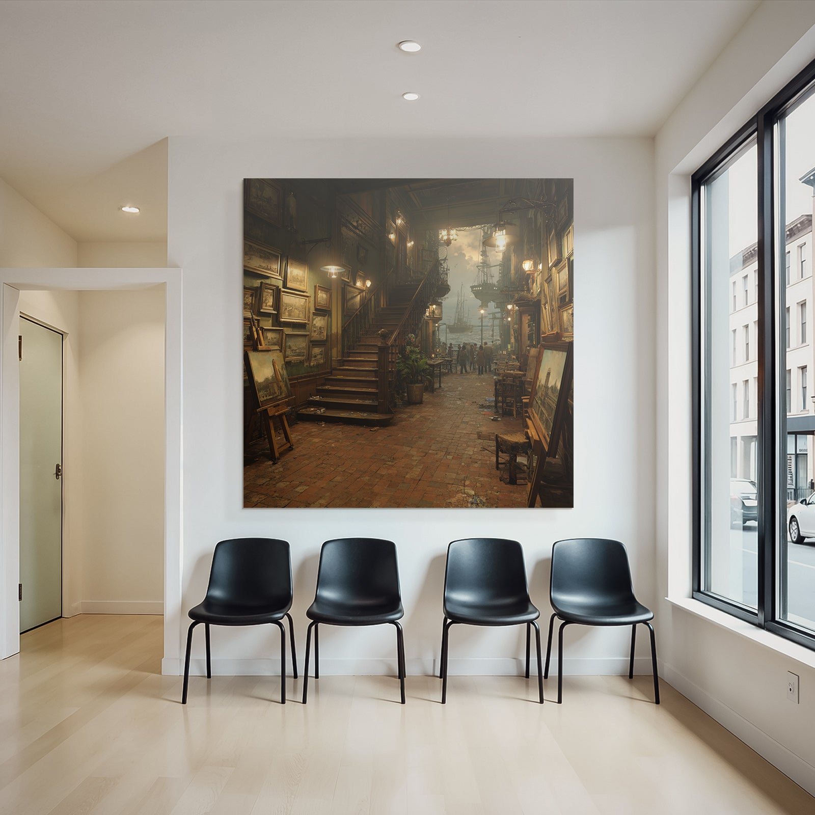 Artistic interior view of the gallery with ships in the harbor