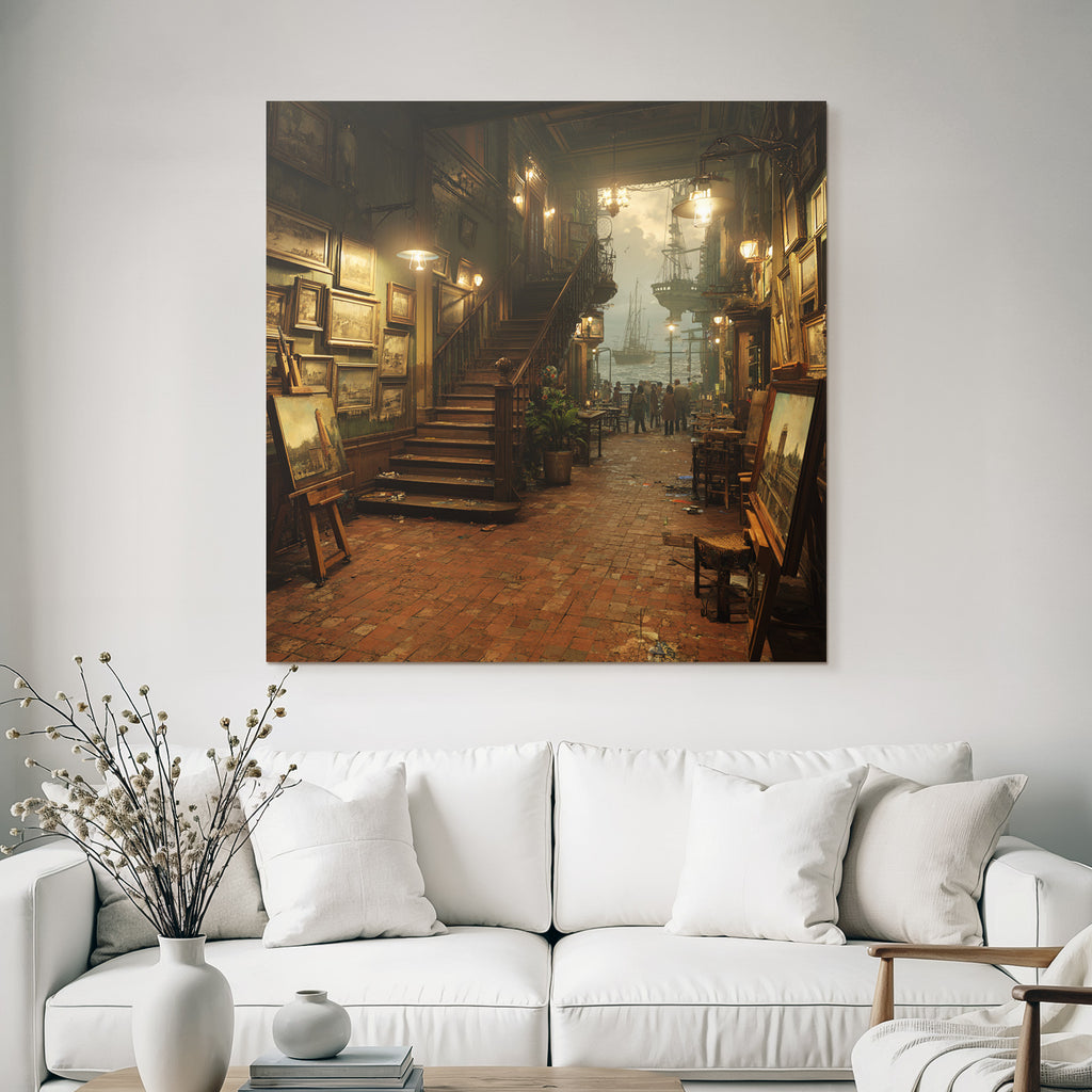 Artistic interior view of the gallery with ships in the harbor