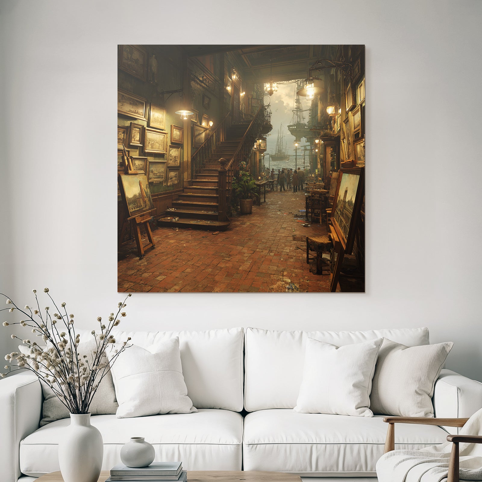 Artistic interior view of the gallery with ships in the harbor