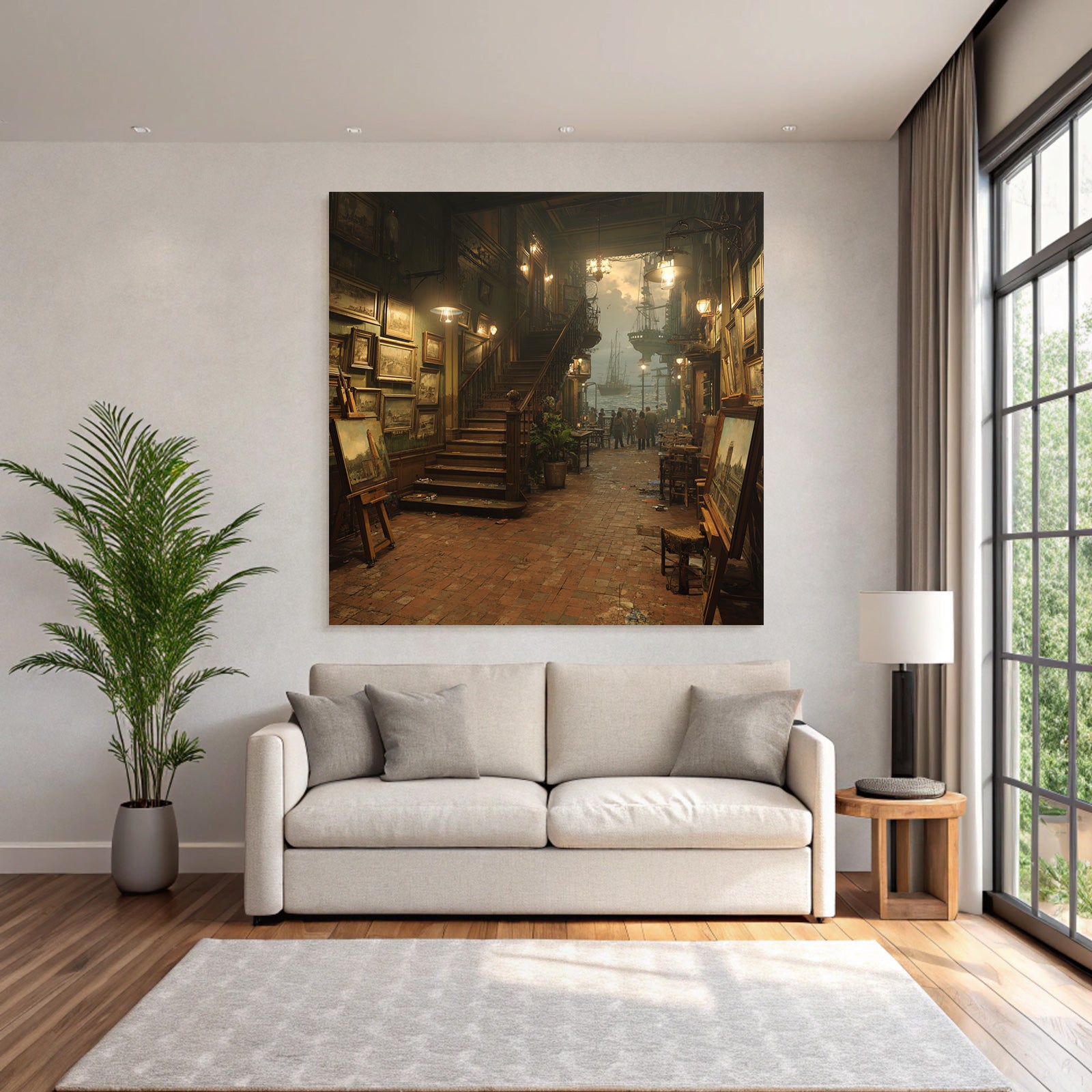 Artistic interior view of the gallery with ships in the harbor