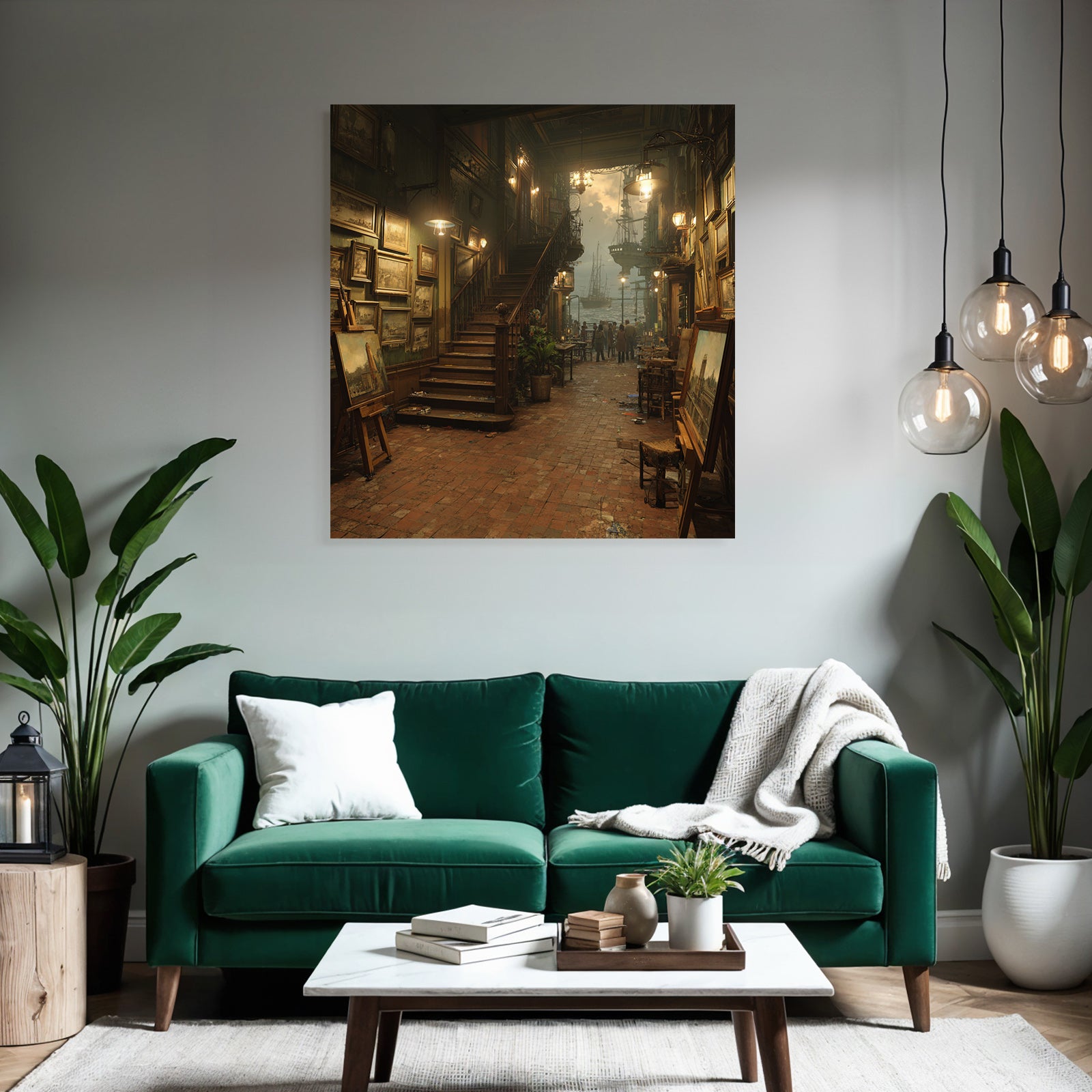 Artistic interior view of the gallery with ships in the harbor