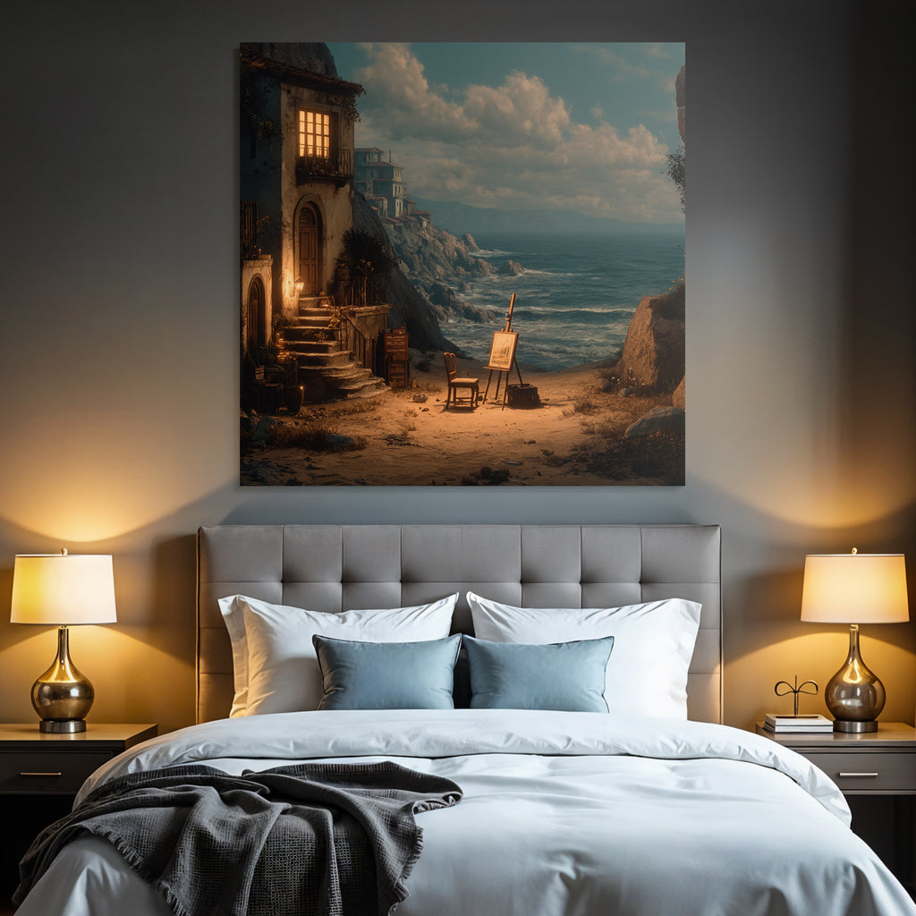 Tranquility Coastal Landscape House With Luminous Window Art Supplies