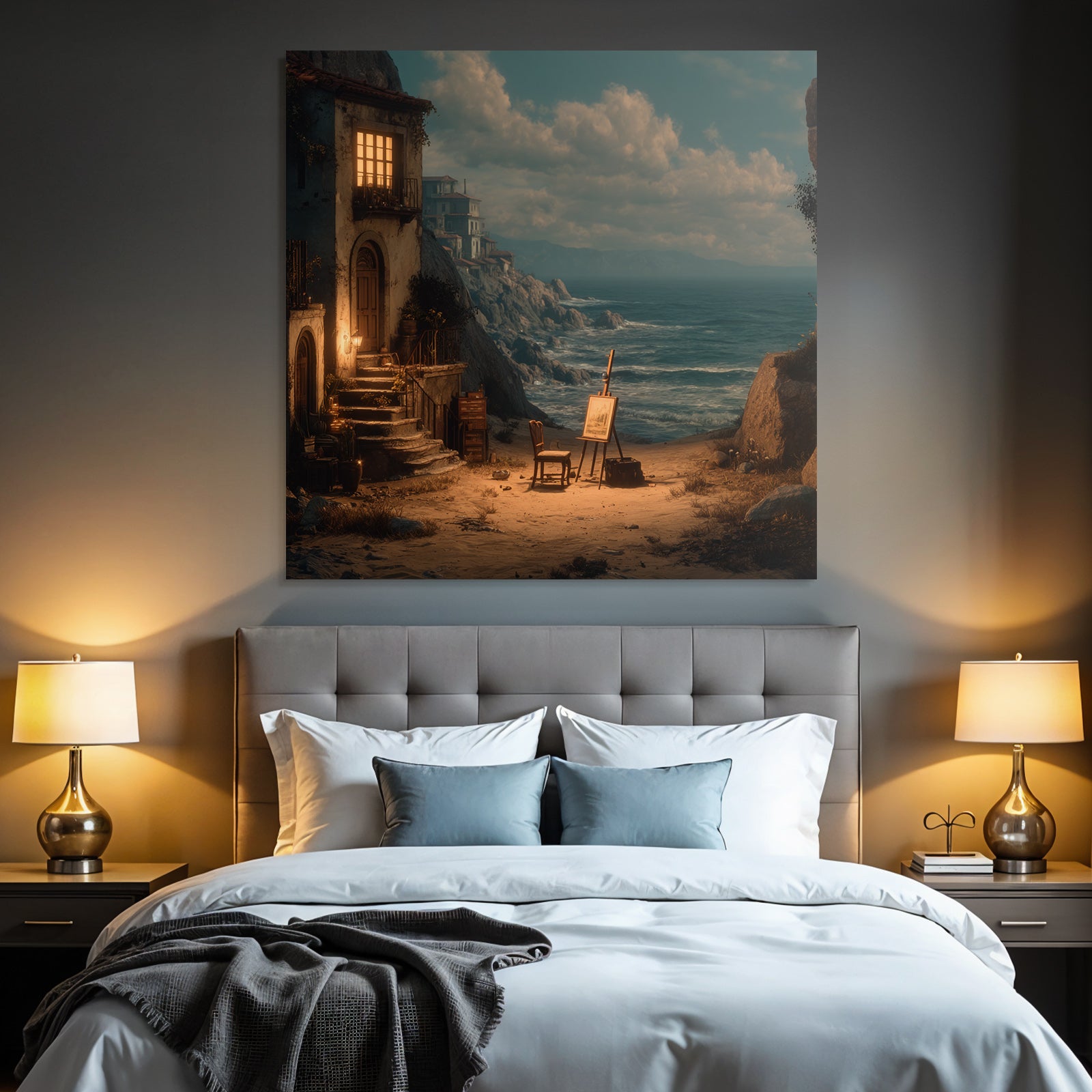 Tranquility Coastal Landscape House With Luminous Window Art Supplies