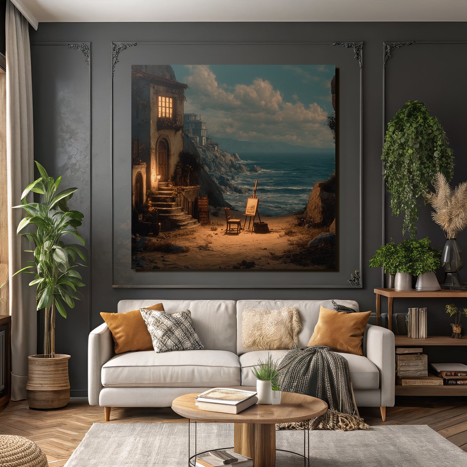 Tranquility Coastal Landscape House With Luminous Window Art Supplies