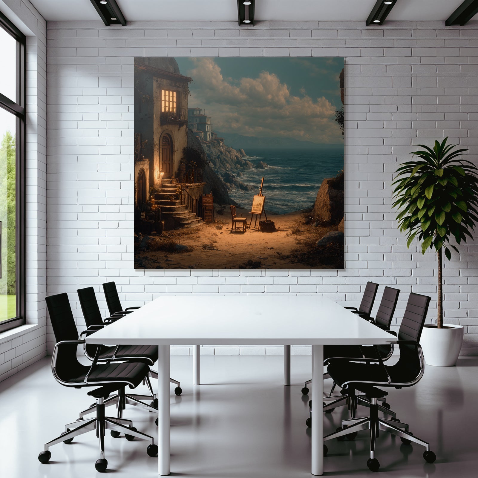 Tranquility Coastal Landscape House With Luminous Window Art Supplies