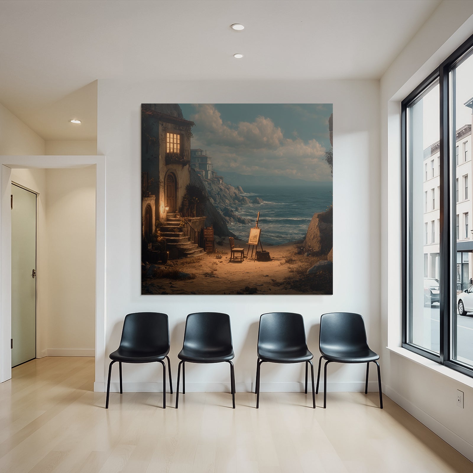 Tranquility Coastal Landscape House With Luminous Window Art Supplies