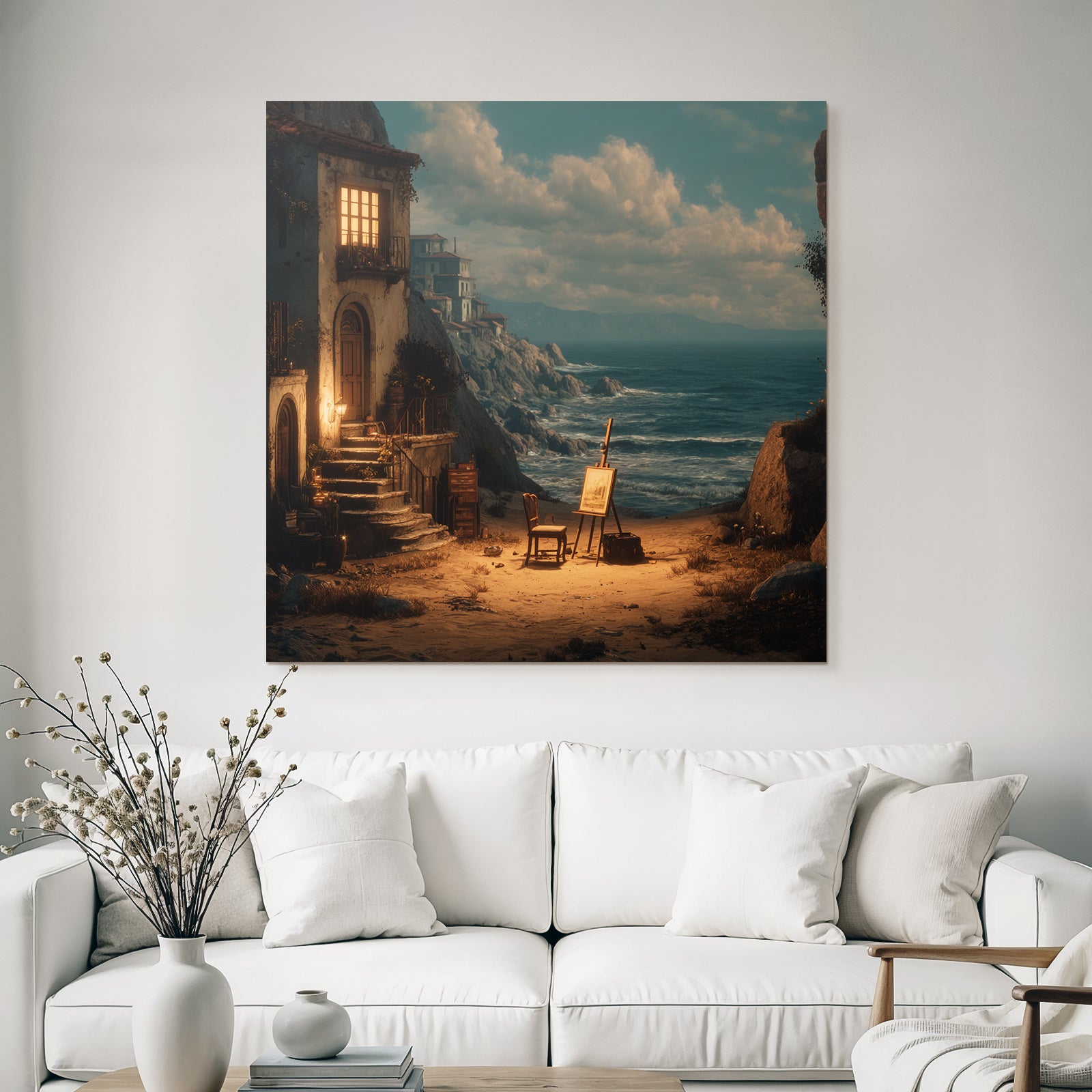 Tranquility Coastal Landscape House With Luminous Window Art Supplies