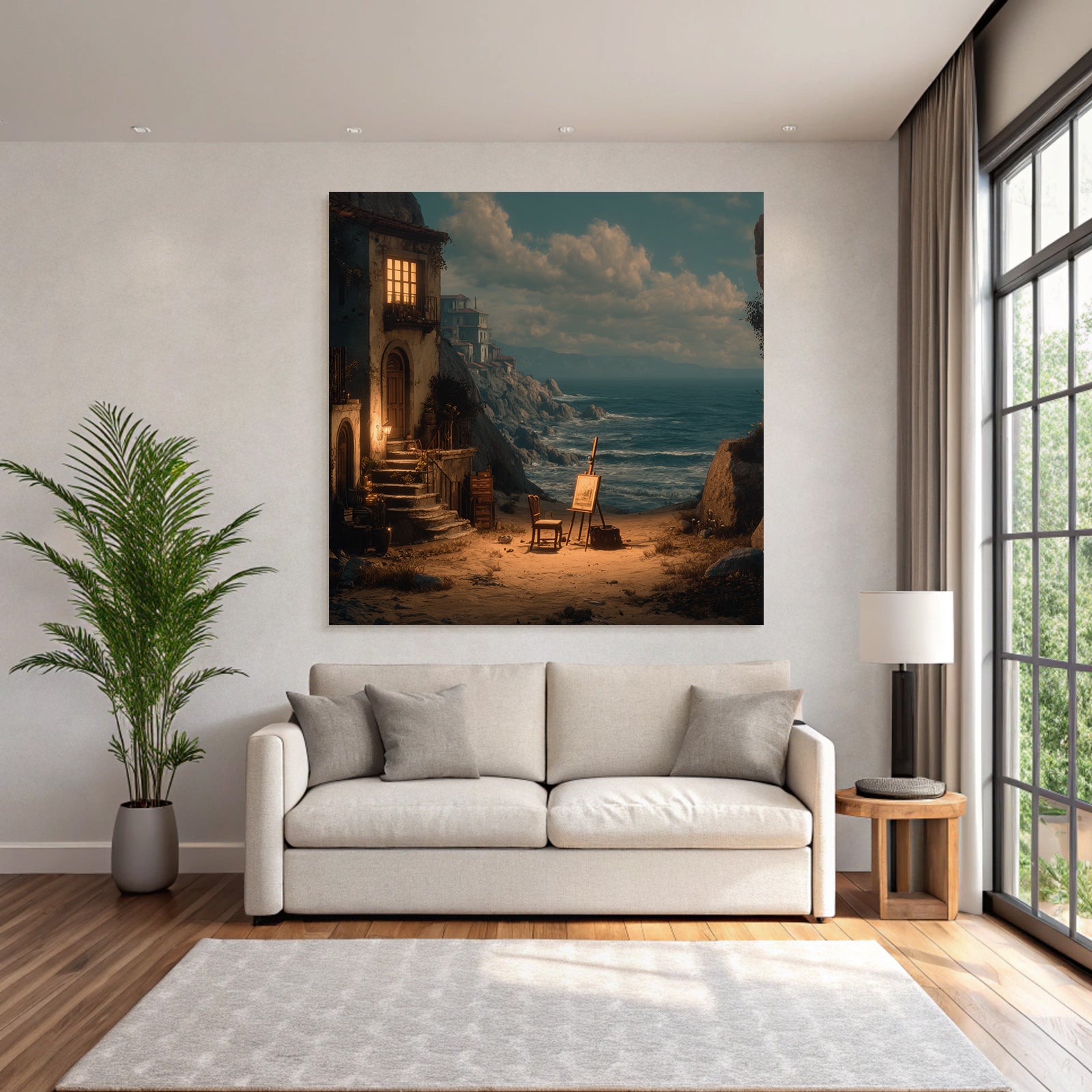 Tranquility Coastal Landscape House With Luminous Window Art Supplies