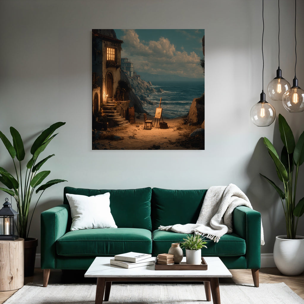 Tranquility Coastal Landscape House With Luminous Window Art Supplies
