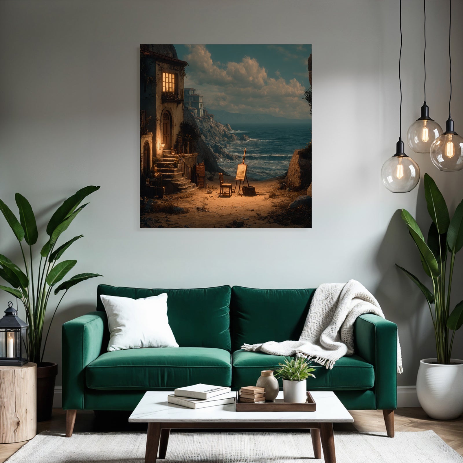 Tranquility Coastal Landscape House With Luminous Window Art Supplies