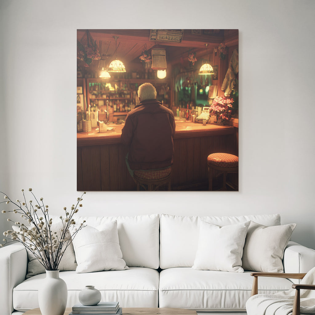 Quiet bar interior view A figure at the bar Warm lighting
