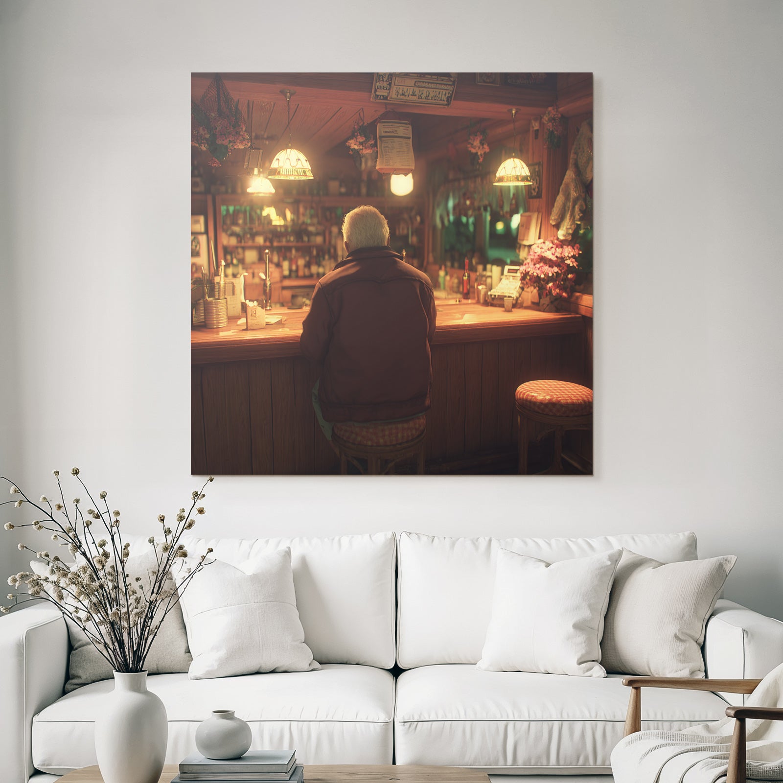 Quiet bar interior view A figure at the bar Warm lighting