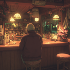 Ruhige Bar Innenansicht Eine Figur Am Theke Warme Beleuchtung | Bars Cafes Theater Bibliotheken | Architektur