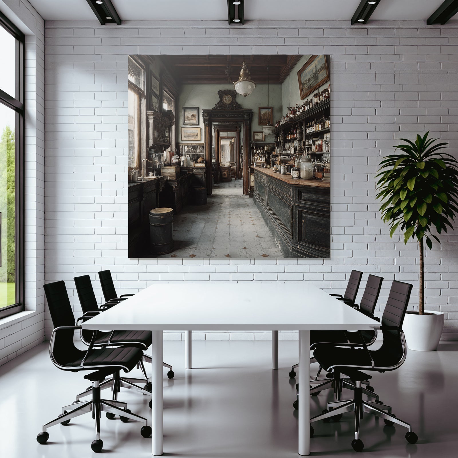 Vintage interior view of a bar and cafe with wooden shelves and lights