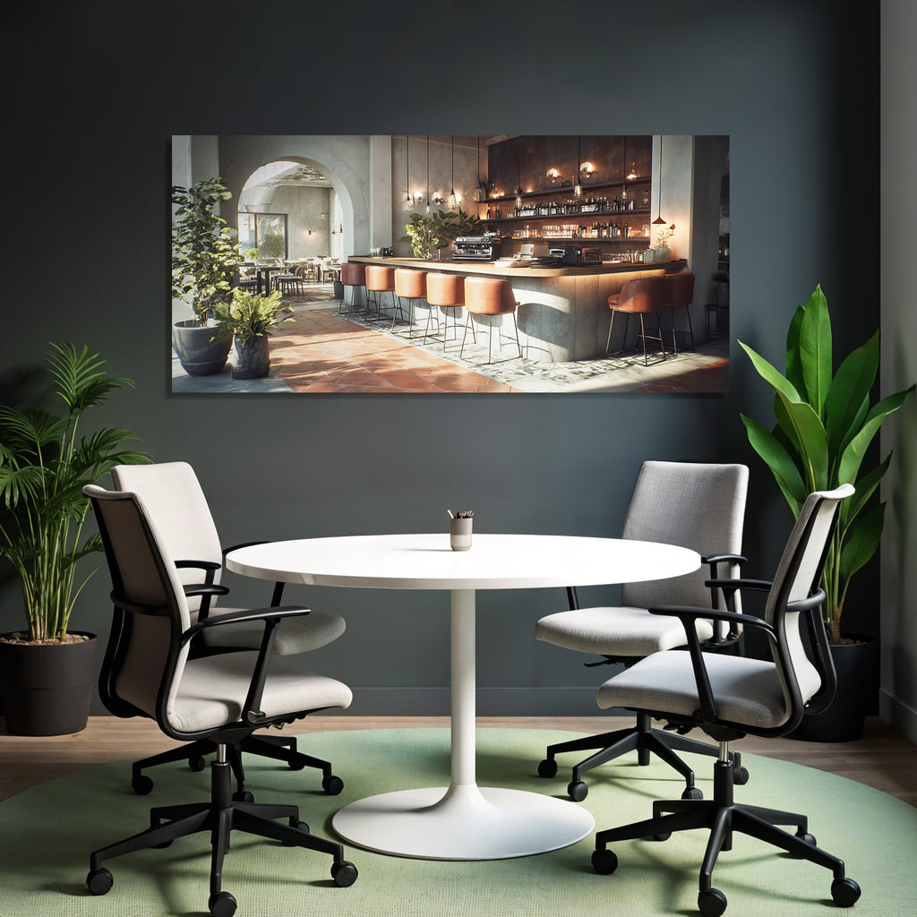 Cafe Interior Modern Design Leather Chairs And Plants