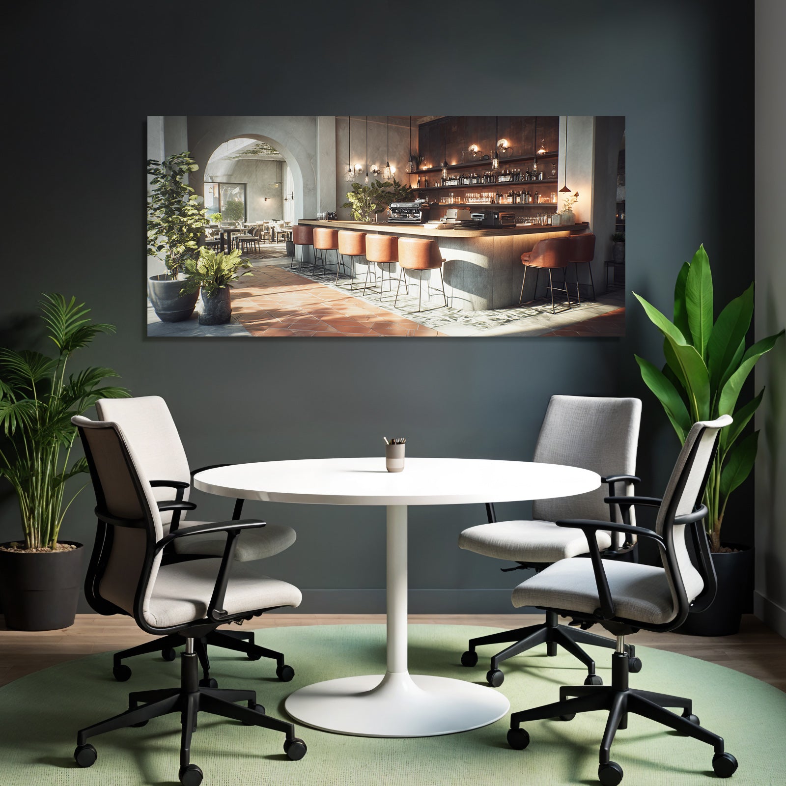 Cafe Interior Modern Design Leather Chairs And Plants