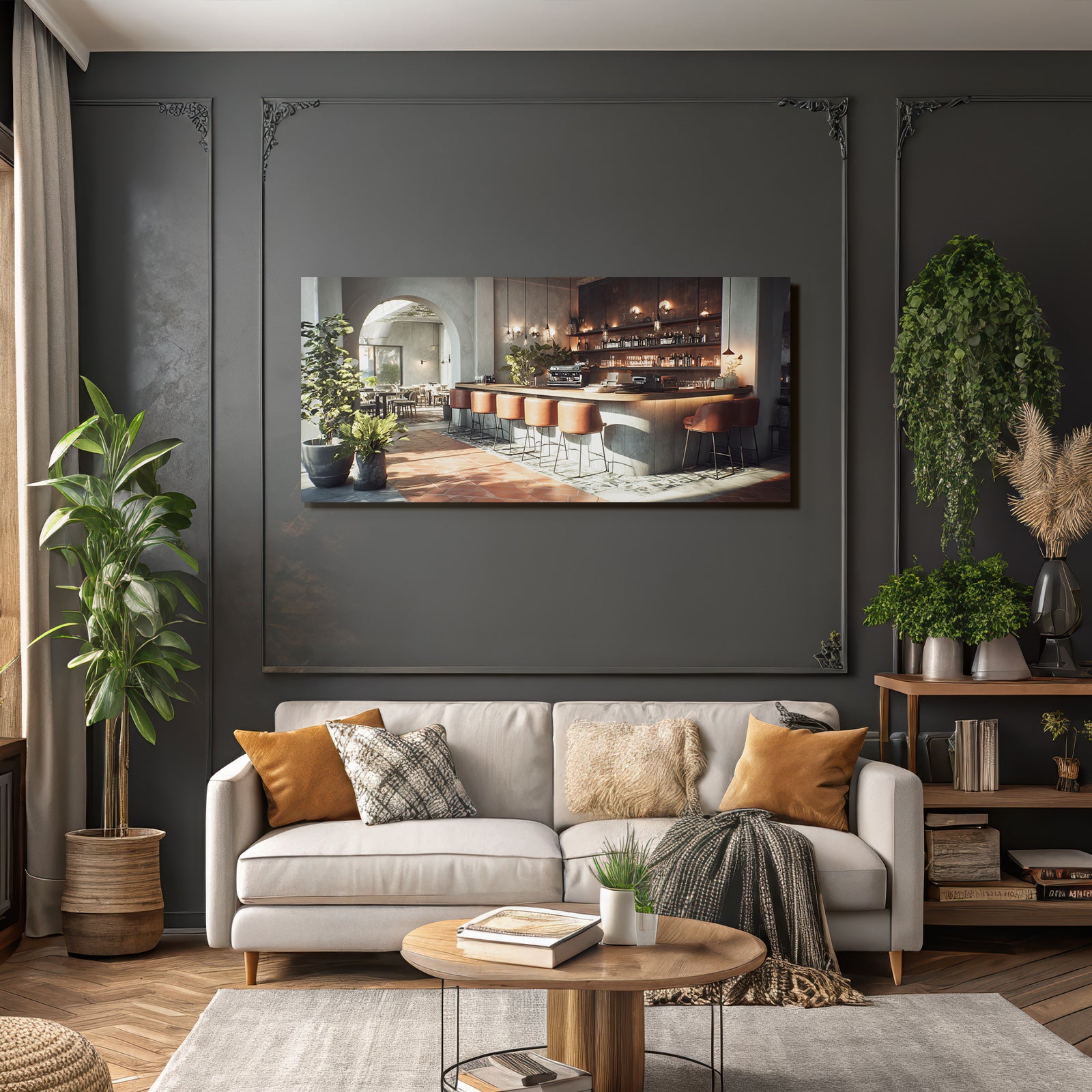 Cafe Interior Modern Design Leather Chairs And Plants