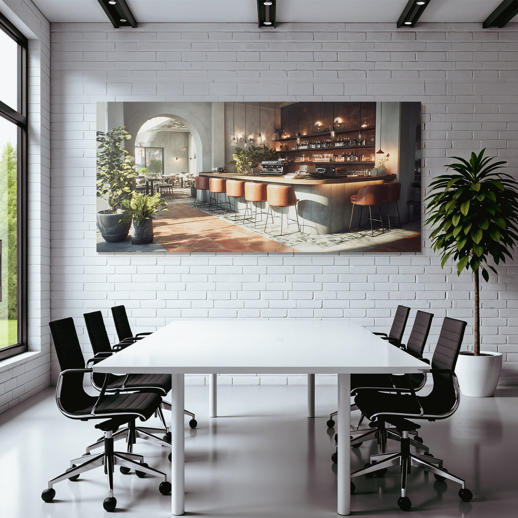 Cafe Interior Modern Design Leather Chairs And Plants
