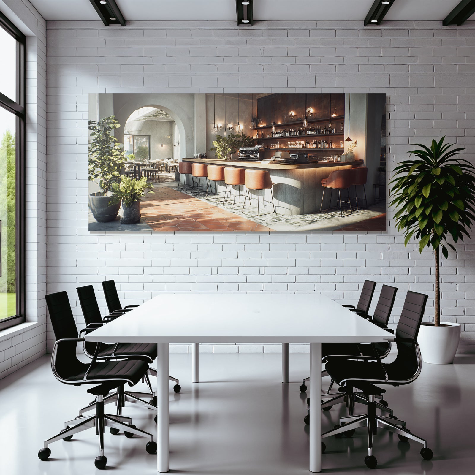 Cafe Interior Modern Design Leather Chairs And Plants