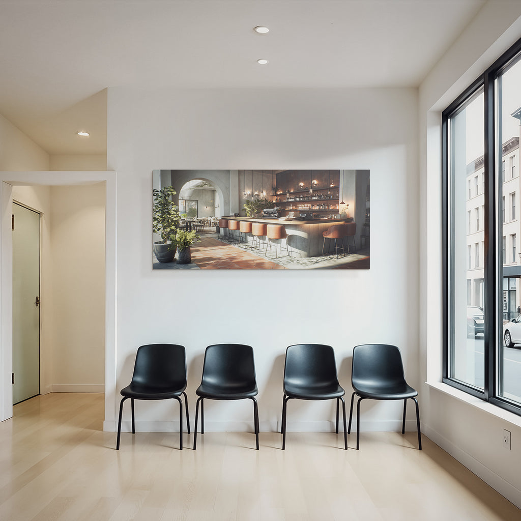 Cafe Interior Modern Design Leather Chairs And Plants