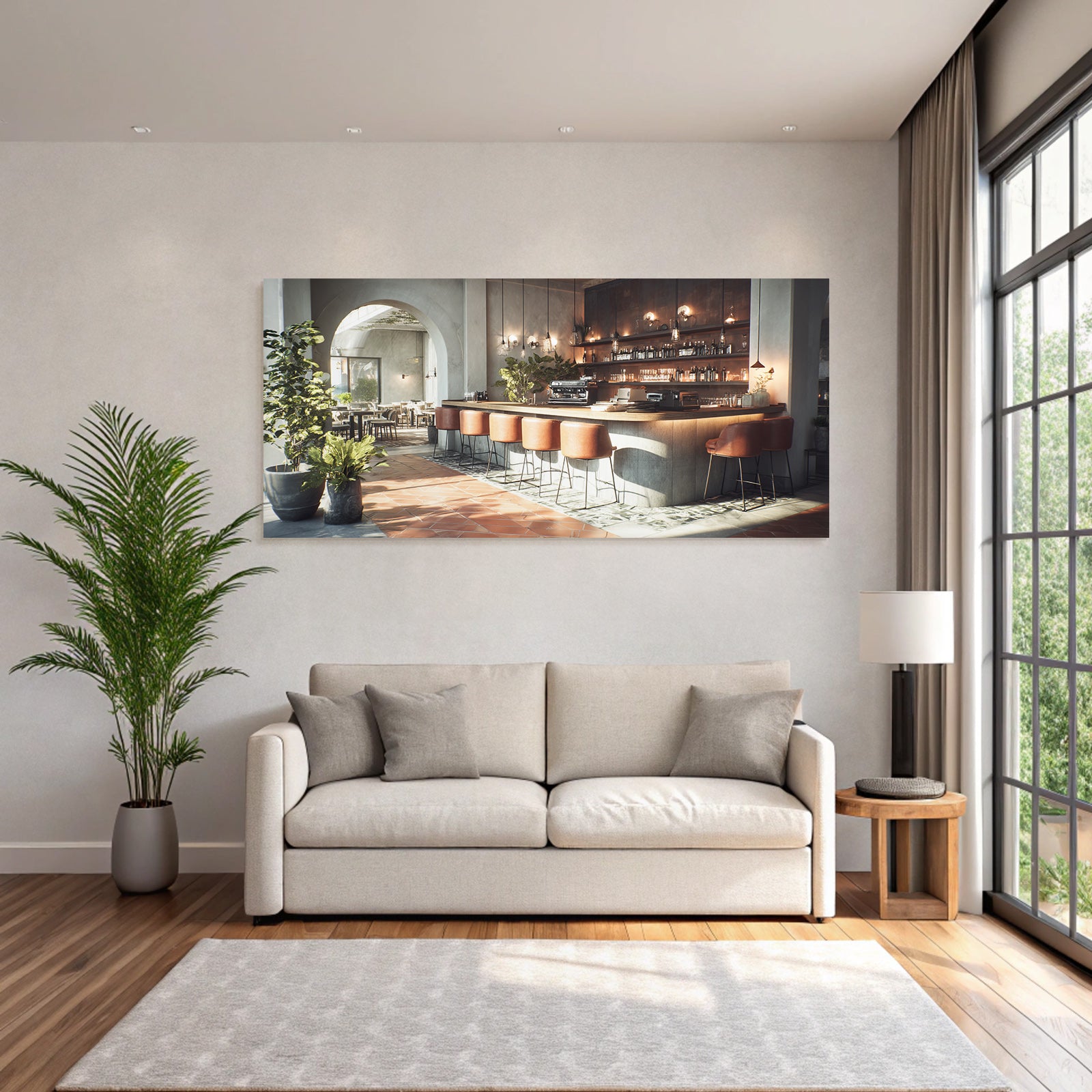 Cafe Interior Modern Design Leather Chairs And Plants