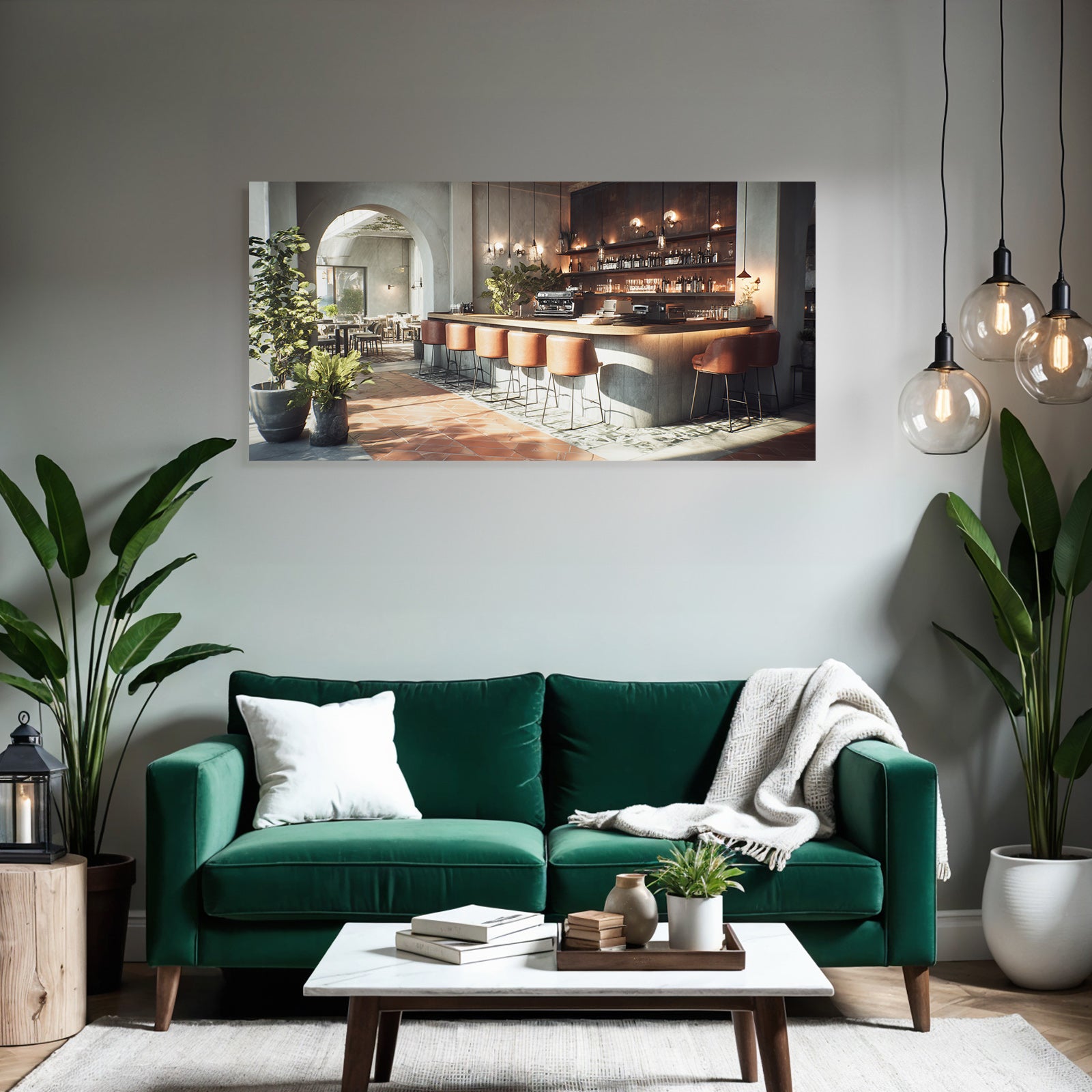 Cafe Interior Modern Design Leather Chairs And Plants