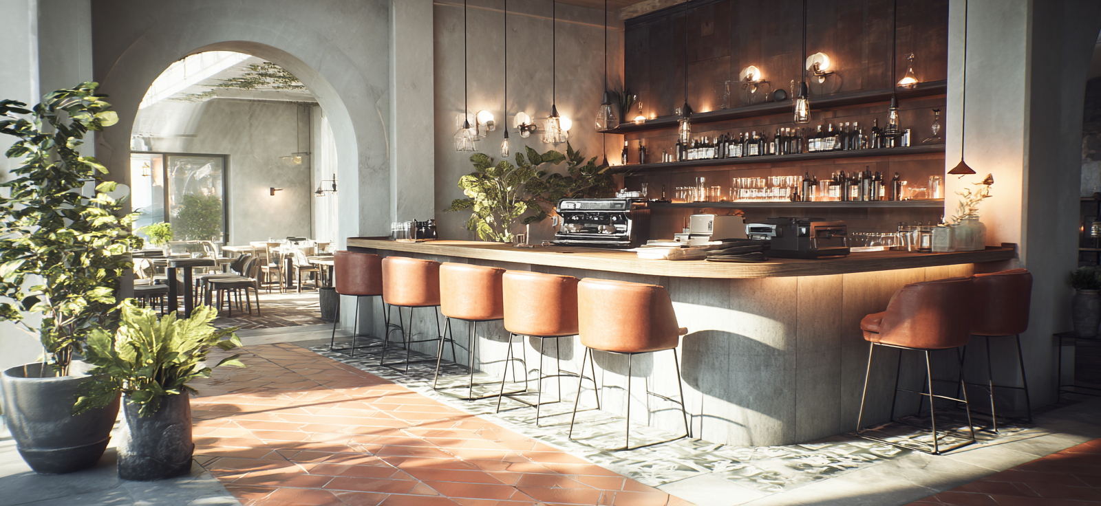 Cafe Innenansicht Moderne Design Lederstuhle Und Pflanzen | Bars Cafes Theater Bibliotheken | Architektur