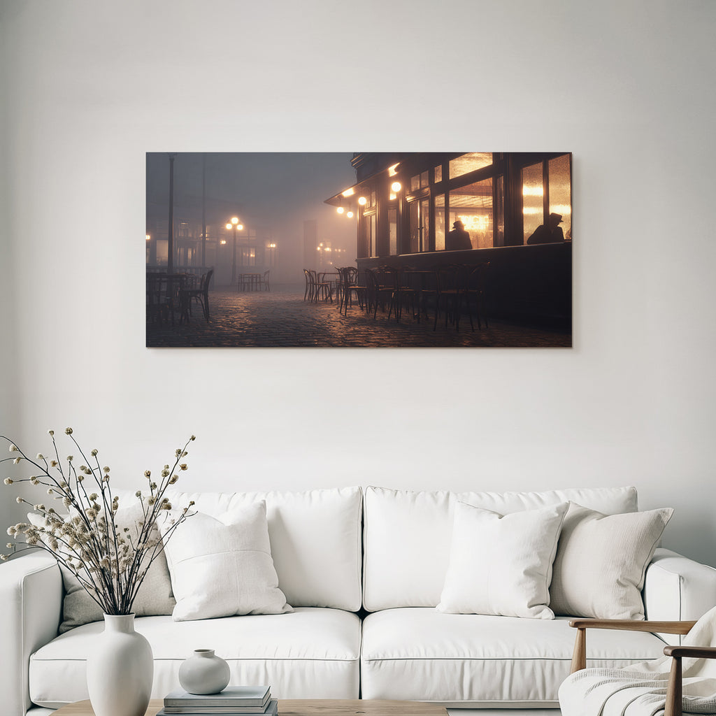 Foggy Street Scene With Pub Moody Atmosphere Cobblestones Germany