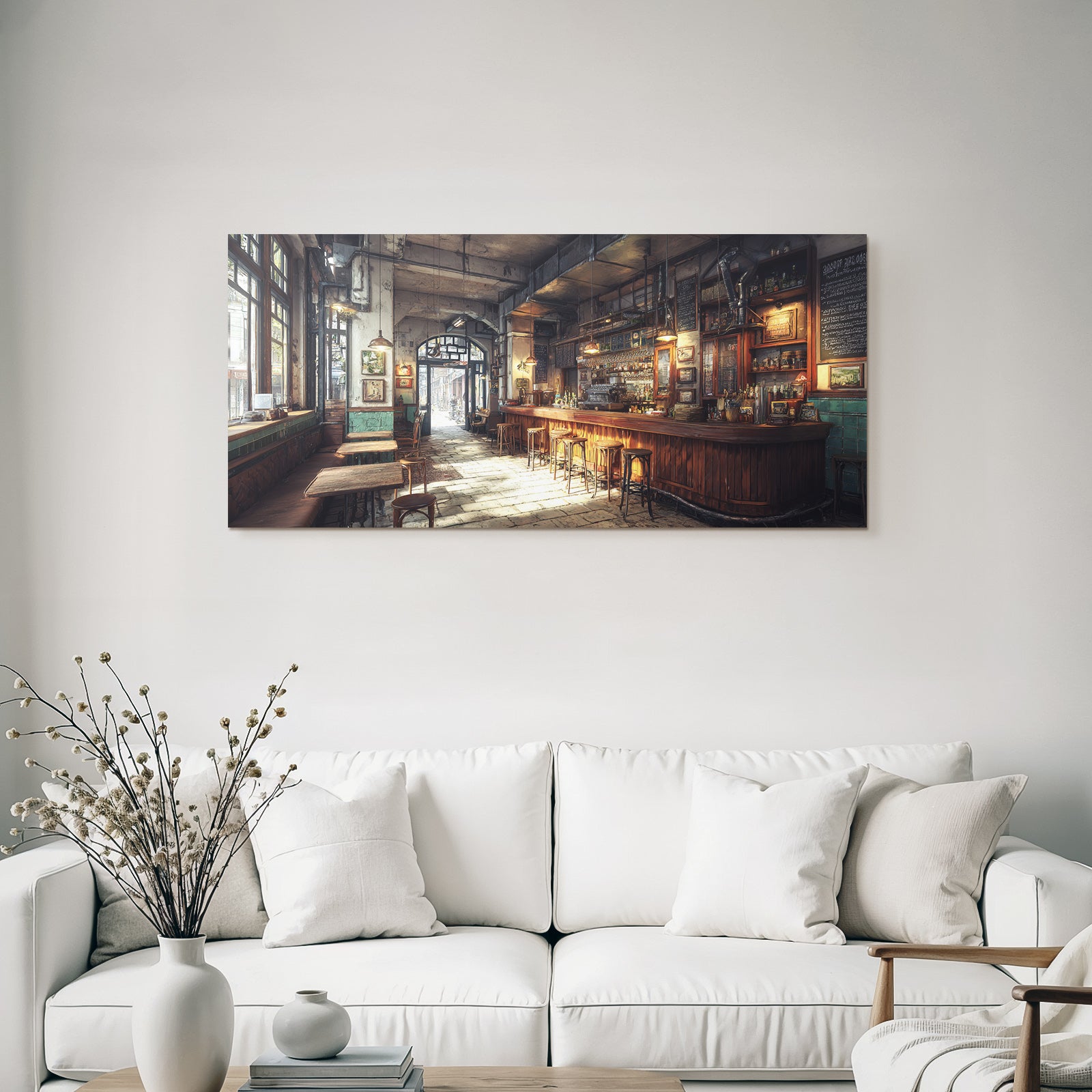 Cozy bar cafe interior view wooden furniture rustic ambience