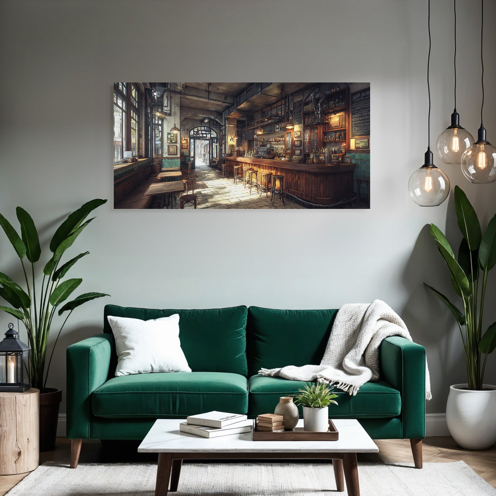 Cozy bar cafe interior view wooden furniture rustic ambience
