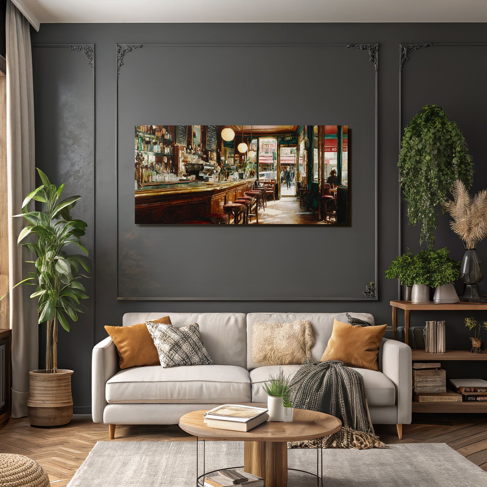 Cozy indoor bar with wooden furniture and soft lighting
