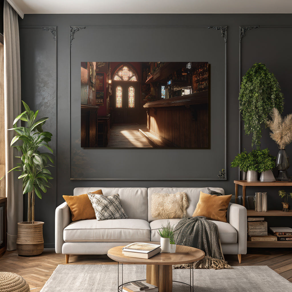 Cozy bar interior with wooden counter and windows