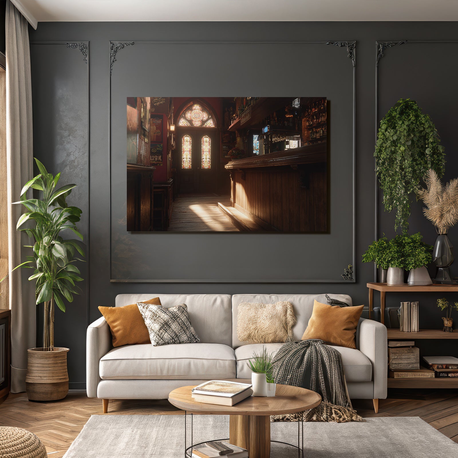 Cozy bar interior with wooden counter and windows