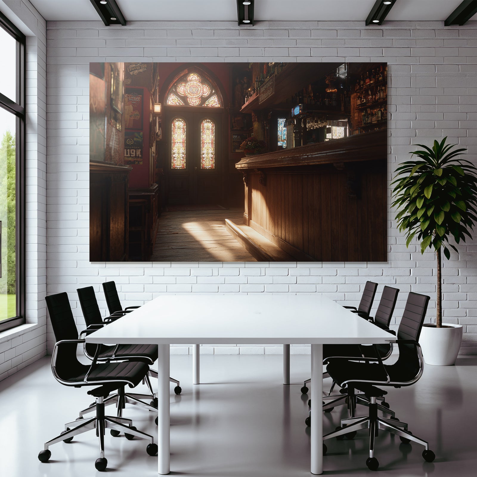 Cozy bar interior with wooden counter and windows