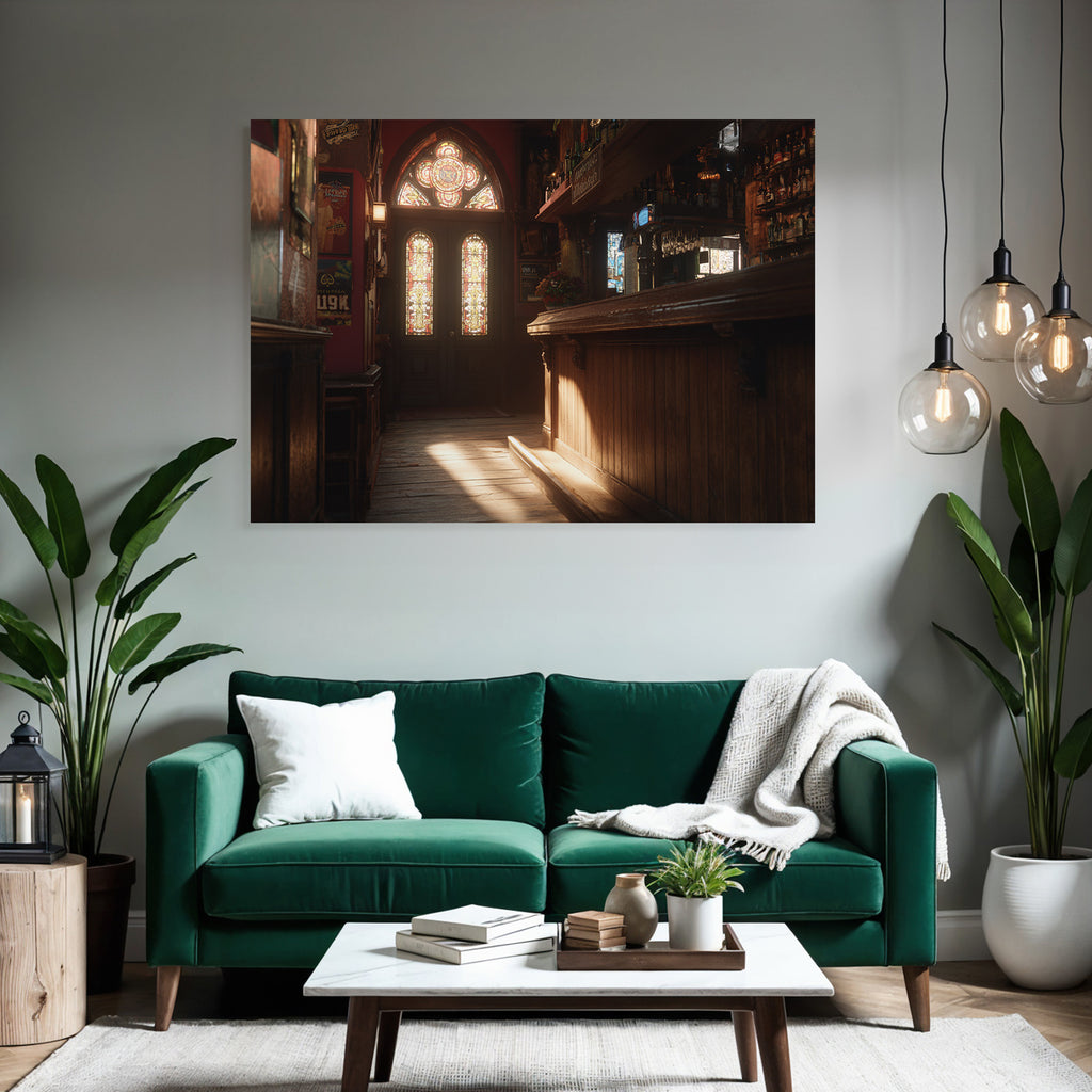 Cozy bar interior with wooden counter and windows